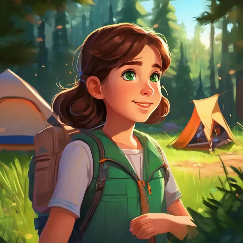 Curious girl with brown hair and sparkling green eyes's promise and farewell to the campsite. Making a promise to keep exploring and seeking knowledge, waving goodbye to the campsite