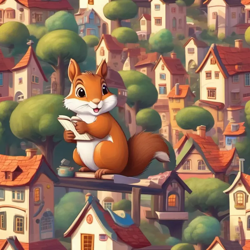 A whimsical town with colorful houses and a lively squirrel holding a book.