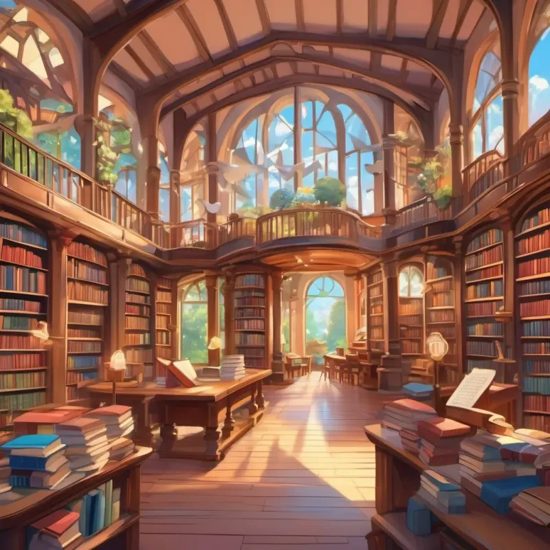 A grand, whimsical library where books are abundant, with pages fluttering in the air.
