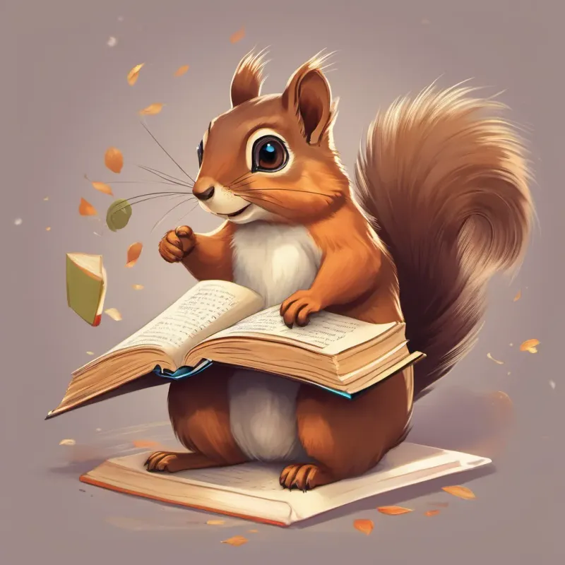 A lively squirrel with bright eyes and a curious smile, wearing tiny glasses and holding a book floating down back to the library floor, surrounded by the magic of the book’s words.