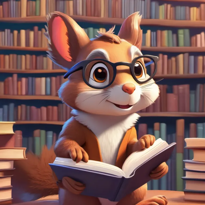 A lively squirrel with bright eyes and a curious smile, wearing tiny glasses and holding a book with a stack of books around him, looking thrilled and ready for more adventures.