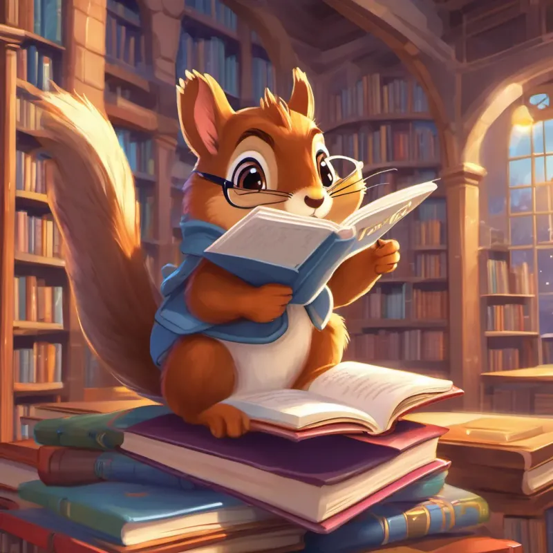 A shiny, giant book in a magical section of the library called 'Reading to New Heights!' with A lively squirrel with bright eyes and a curious smile, wearing tiny glasses and holding a book looking up in awe.