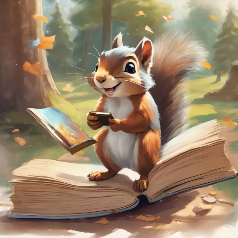 A lively squirrel with bright eyes and a curious smile, wearing tiny glasses and holding a book trying to reach a giant book, which has started to speak to him.
