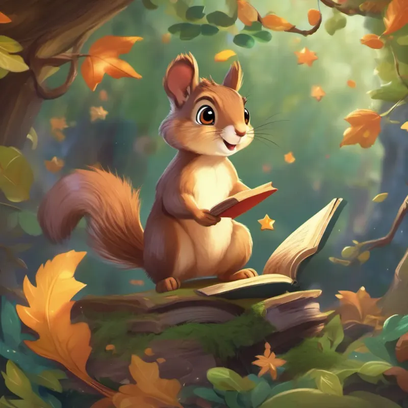 A lively squirrel with bright eyes and a curious smile, wearing tiny glasses and holding a book climbing the pages, with stories of talking trees, singing stars, and dancing dragons appearing as he climbs.