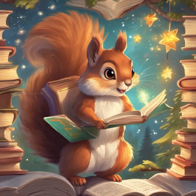A lively squirrel with bright eyes and a curious smile, wearing tiny glasses and holding a book interacting with magical, singing stars and giggling, dancing dragons.