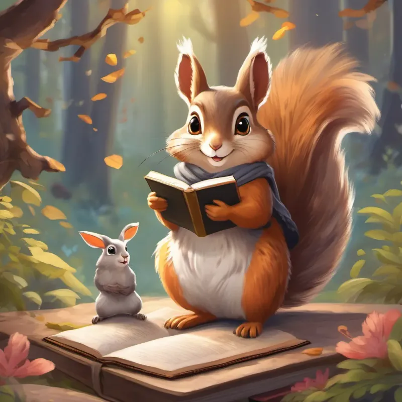 A lively squirrel with bright eyes and a curious smile, wearing tiny glasses and holding a book meeting a wise owl and a brave rabbit leading adventurous animals.