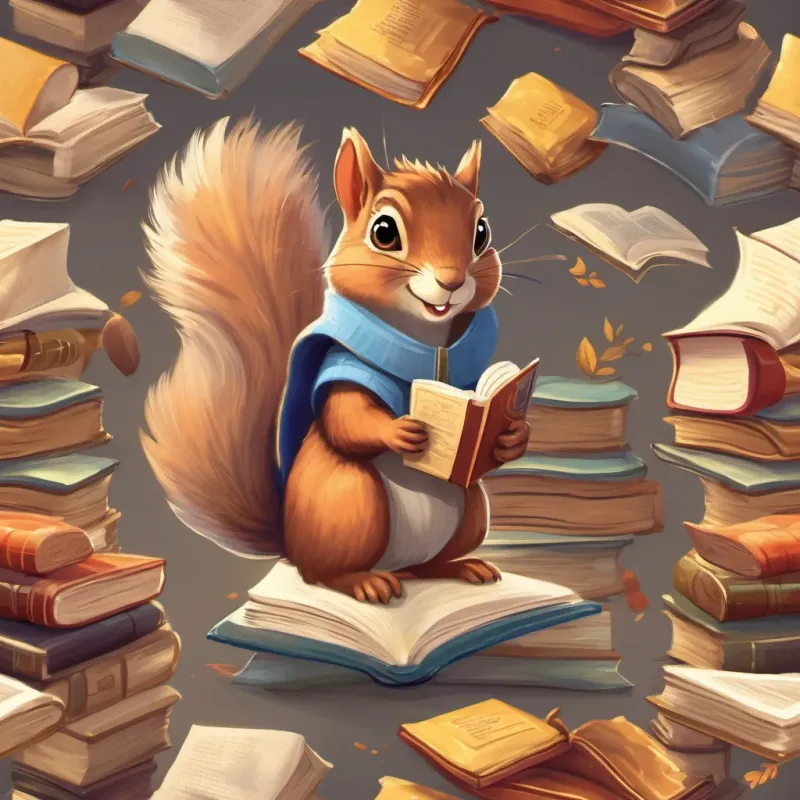 A lively squirrel with bright eyes and a curious smile, wearing tiny glasses and holding a book's imagination soaring as he climbs higher on the pages filled with amazing stories.