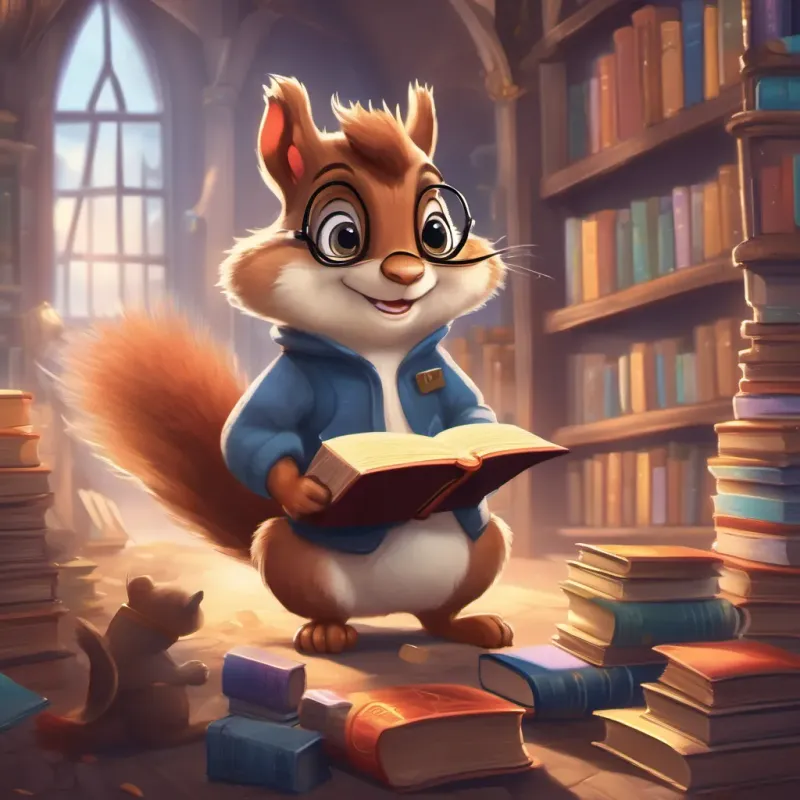 A lively squirrel with bright eyes and a curious smile, wearing tiny glasses and holding a book reaching the top of the giant book, where he finds a magical, shimmering bookcase filled with rare books.