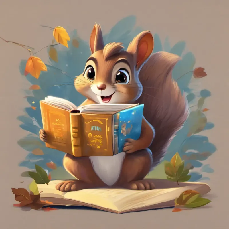 A lively squirrel with bright eyes and a curious smile, wearing tiny glasses and holding a book reading from a twinkling book, with the words coming to life around him.