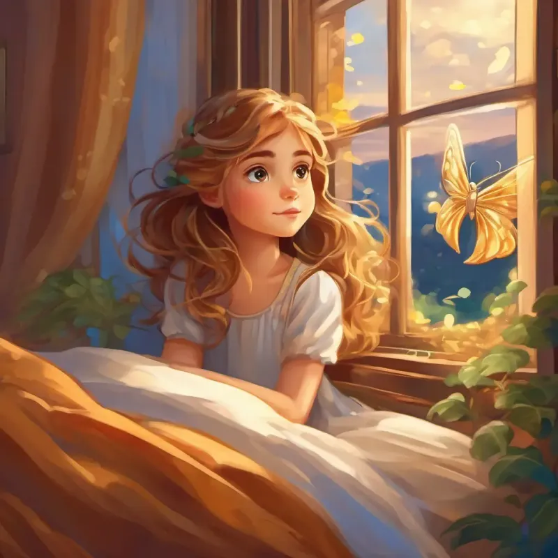 Curious girl with bright eyes and flowing brown hair lying in bed, looking outside the window at Tiny fairy with gossamer wings and shimmering golden hair the fairy