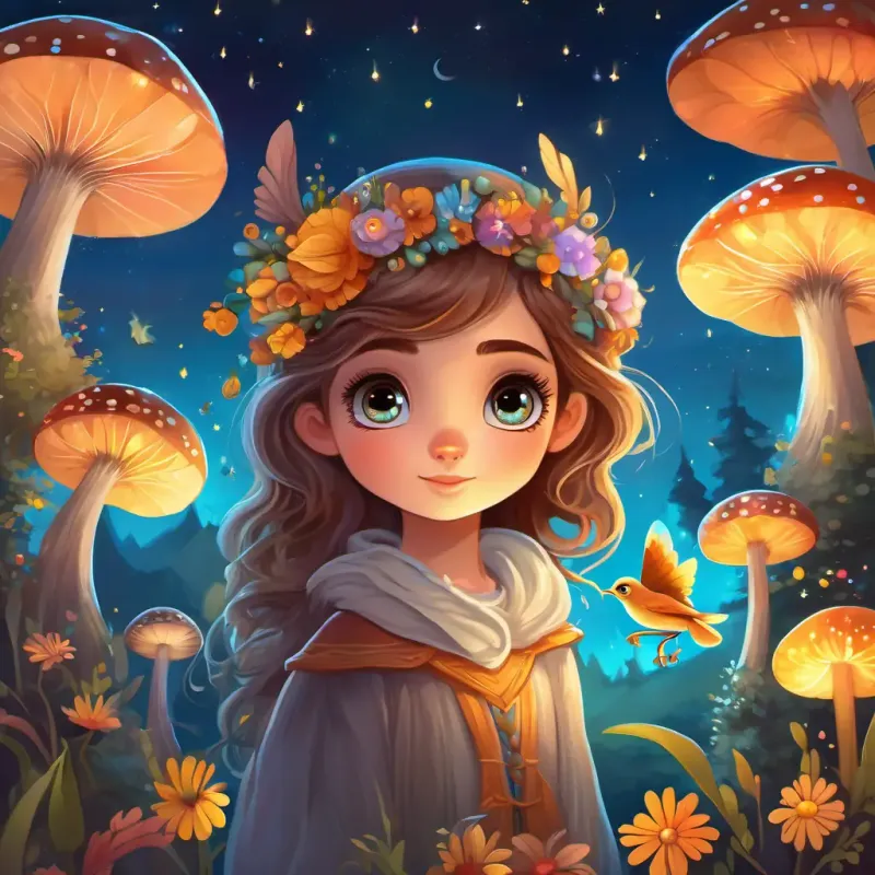 Curious girl with bright eyes and flowing brown hair and Tiny fairy with gossamer wings and shimmering golden hair flying through the night sky, arriving in Fairyland with colorful flowers and glowing mushrooms, meeting Wise owl with soft feathers, large eyes, and a thoughtful expression the owl