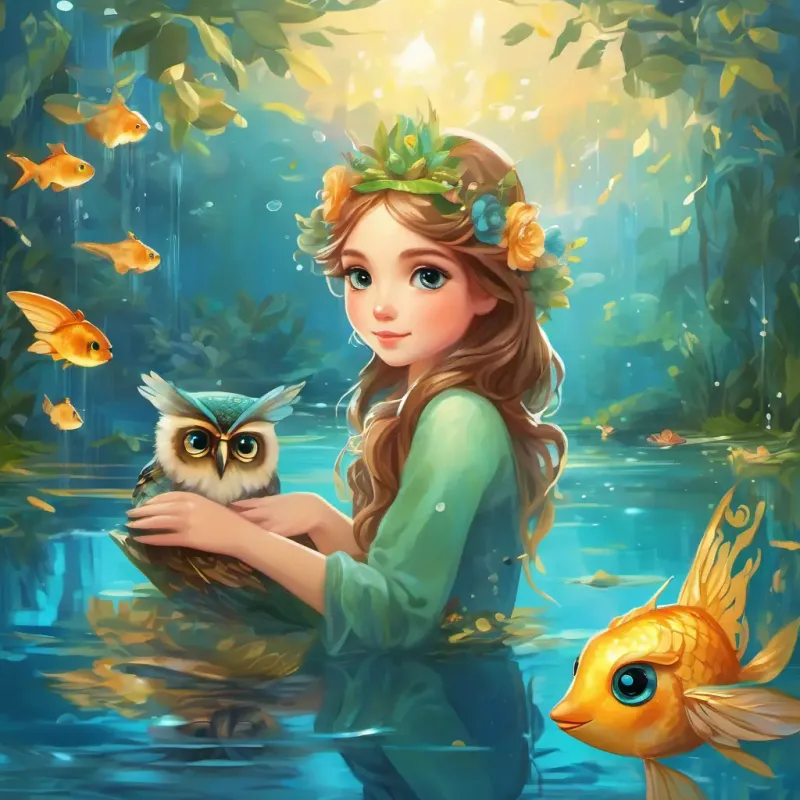 Curious girl with bright eyes and flowing brown hair, Tiny fairy with gossamer wings and shimmering golden hair, and Wise owl with soft feathers, large eyes, and a thoughtful expression near a serene lake, meeting Water nymph with shimmering blue skin and sparkling green eyes the water nymph with shimmering blue skin and sparkling green eyes, underwater kingdom with mermaids and colorful fish
