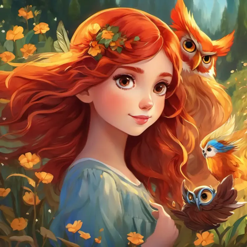 Curious girl with bright eyes and flowing brown hair, Tiny fairy with gossamer wings and shimmering golden hair, Wise owl with soft feathers, large eyes, and a thoughtful expression, and Mischievous pixie with fiery red hair and a mischievous grin on top of a hill, meeting Mischievous pixie with fiery red hair and a mischievous grin the mischievous pixie with fiery red hair and mischievous grin, hidden meadow with fairies and butterflies