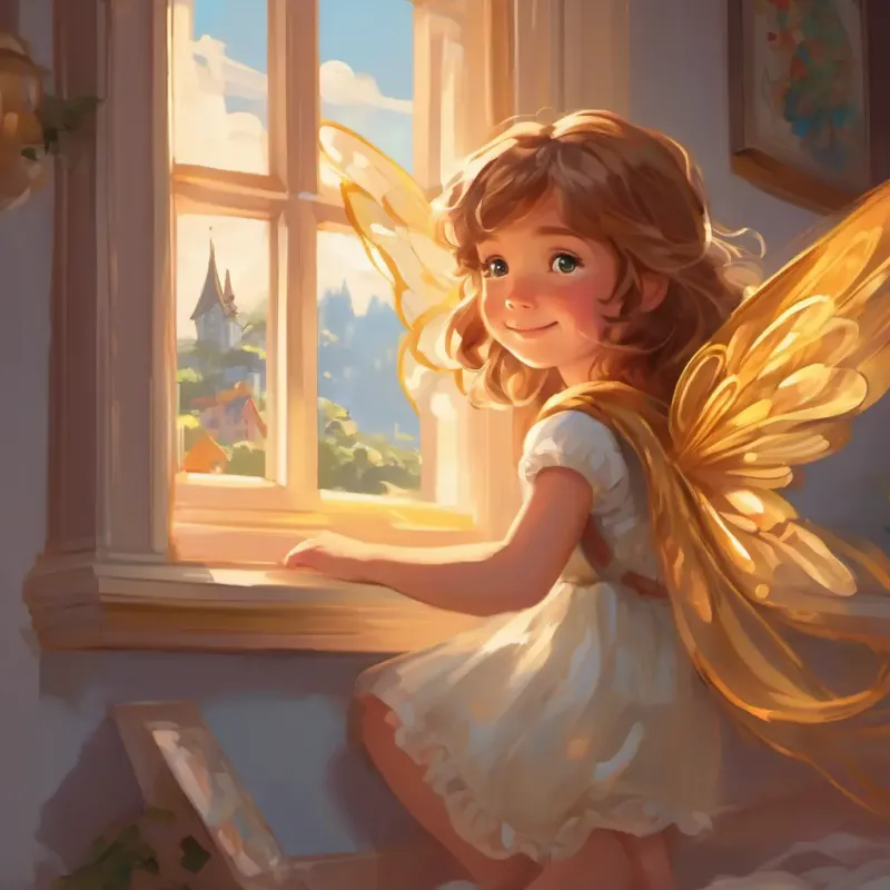 Curious girl with bright eyes and flowing brown hair being carried by Tiny fairy with gossamer wings and shimmering golden hair back to her bedroom through the window, snuggling under the covers, smiling