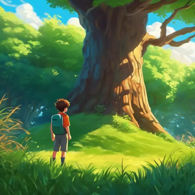 Adventurous boy with brown hair, sparkling eyes's backyard, ancient tree, vibrant green grass, protective shadow
