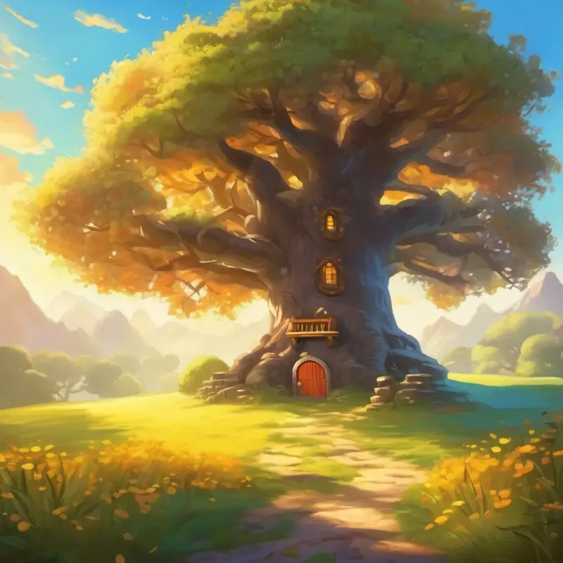 Sunny morning, tiny door, ancient tree, magical world