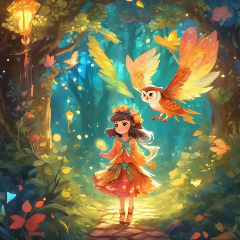 Tiny, with wings, bright colored dresses, sparkling skin, mischievous elves, wise old owl, beautiful dazzling patterns