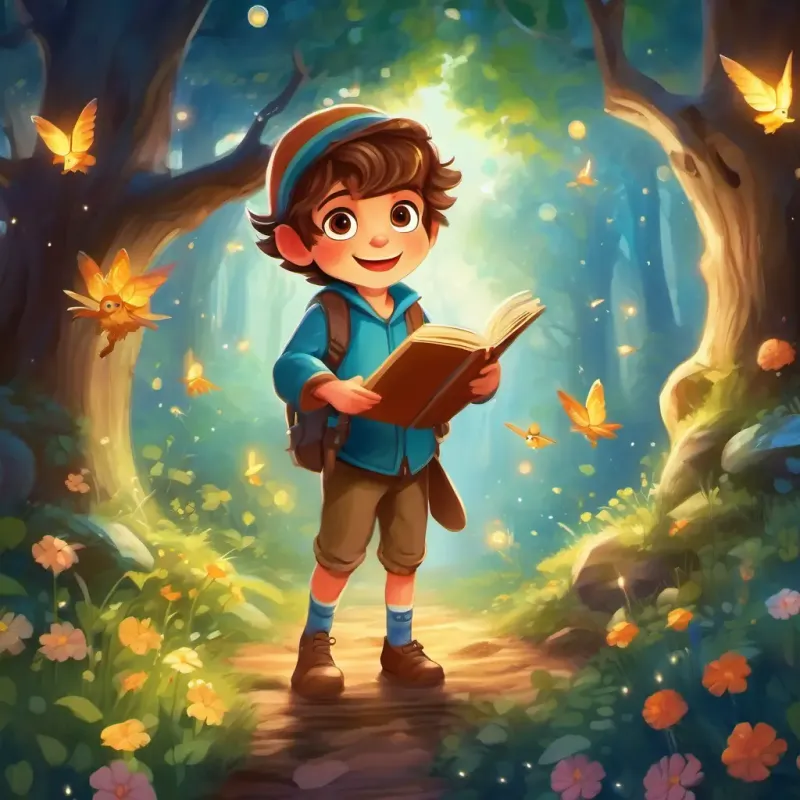 Adventurous boy with brown hair, sparkling eyes joining fairies, elves, wise old owl, shimmering paint, playful touches, laughter, music