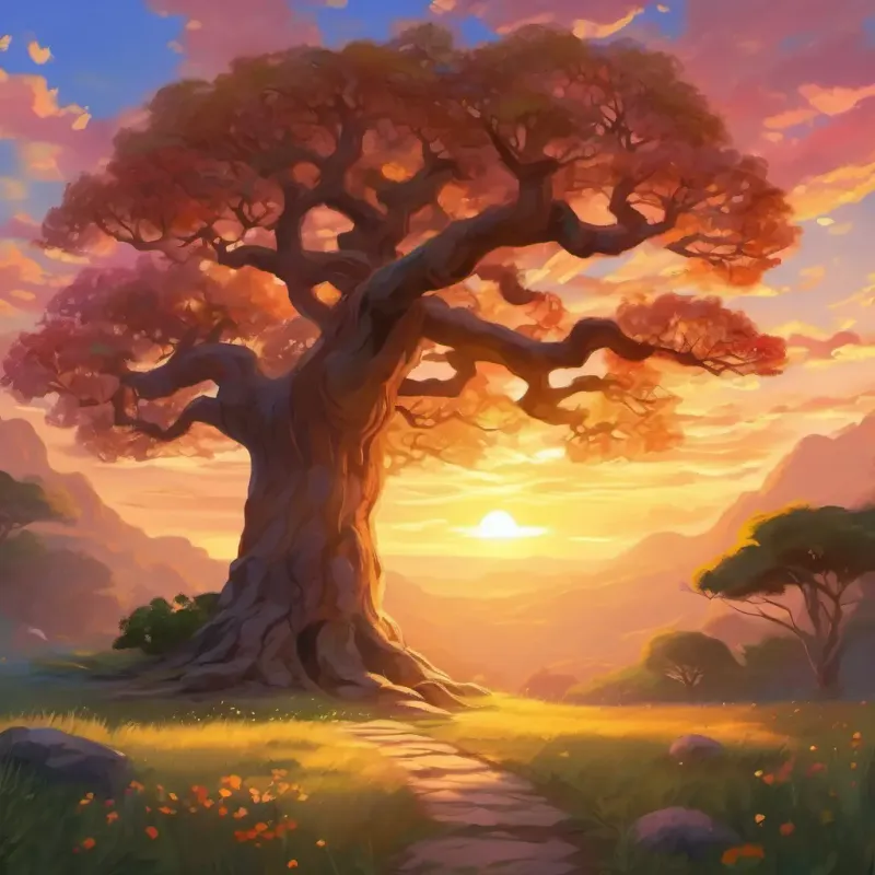 Sun setting, ancient tree sparkling, combined creativity, cherished memory