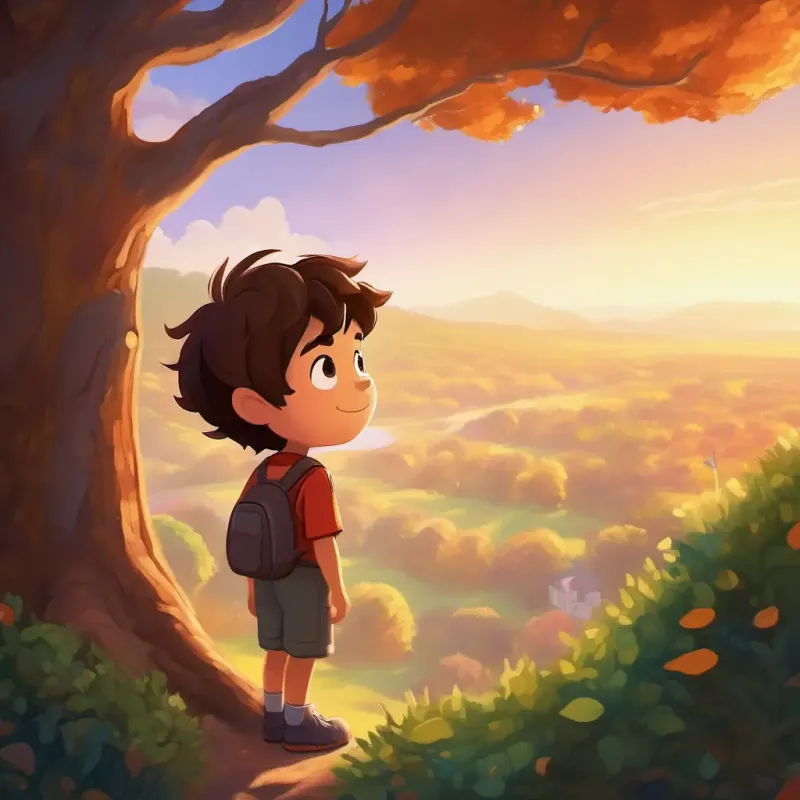 Adventurous boy with brown hair, sparkling eyes gazing at tree, magic in unexpected places, his own backyard