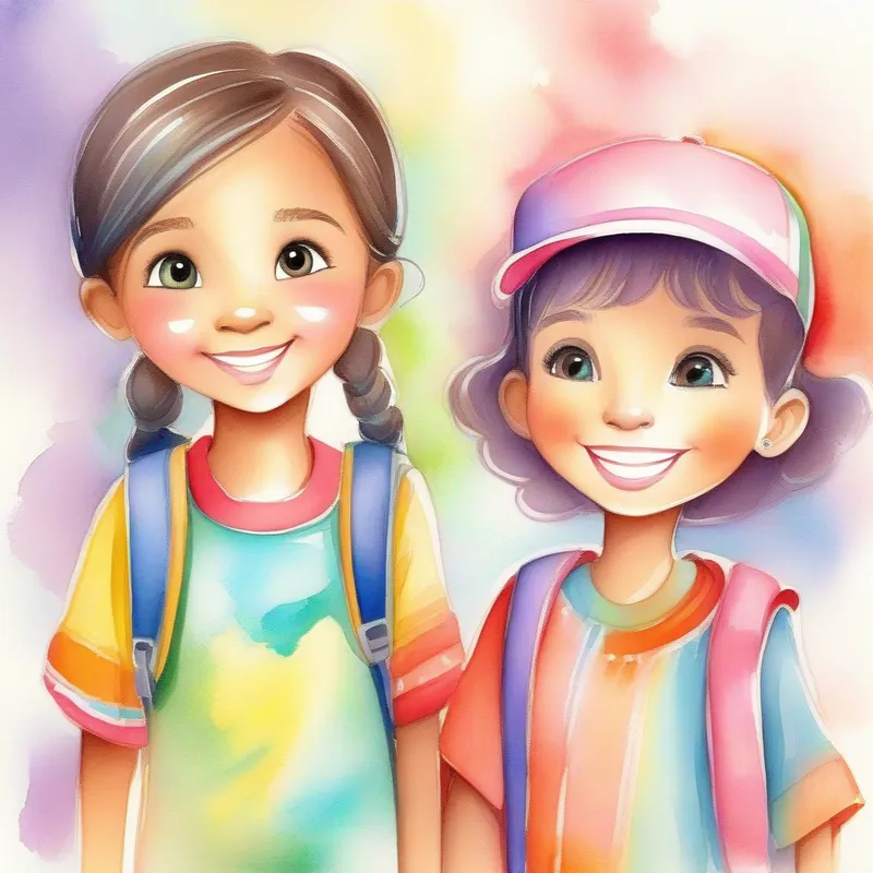 Mariam - cheerful girl with a kind smile, wearing colorful clothes. approaches Omar - a shy boy with curious eyes, carrying a notebook., wearing a kind smile. Inclusion and empathy.