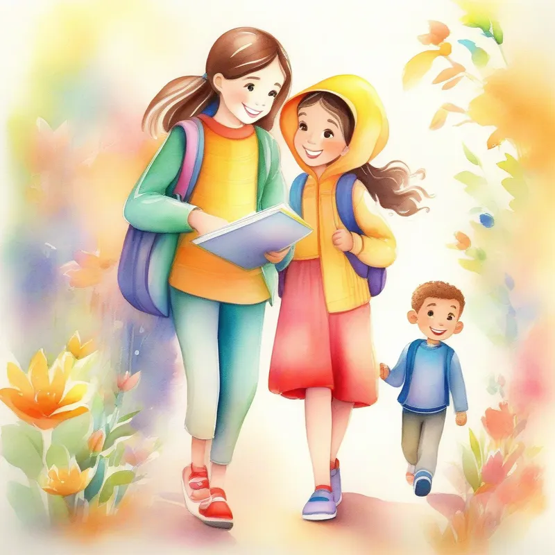 Mariam - cheerful girl with a kind smile, wearing colorful clothes. and friends inclusively guiding Omar - a shy boy with curious eyes, carrying a notebook. around. Friendship and joy.