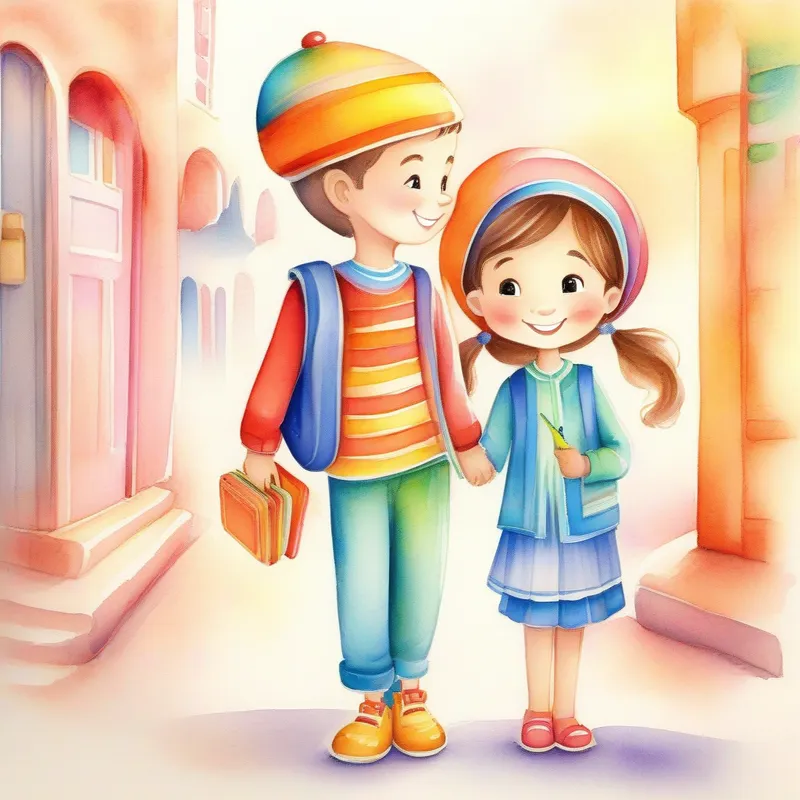 Mariam - cheerful girl with a kind smile, wearing colorful clothes. and Omar - a shy boy with curious eyes, carrying a notebook. say goodbye, happy about newfound friendship. Gratitude and happiness.