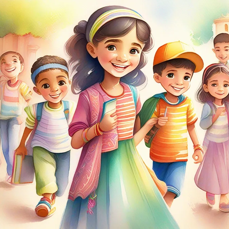 Mariam - cheerful girl with a kind smile, wearing colorful clothes., Omar - a shy boy with curious eyes, carrying a notebook., and friends playing together, emphasizing empathy and friendship. Inclusion and understanding.