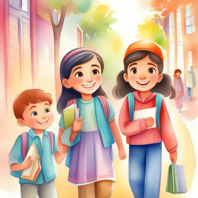 Mariam - cheerful girl with a kind smile, wearing colorful clothes., Omar - a shy boy with curious eyes, carrying a notebook., and friends walking together, learning about empathy. Empathy and kindness values - learning from history.