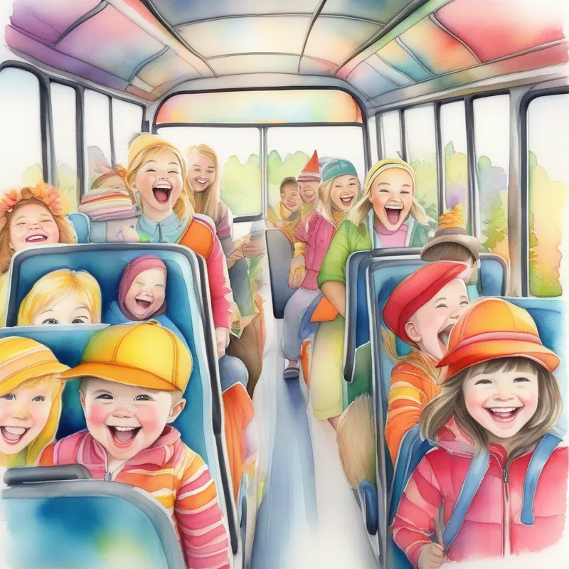 Colorful bus ride, filled with laughter. Excitement for adventure.