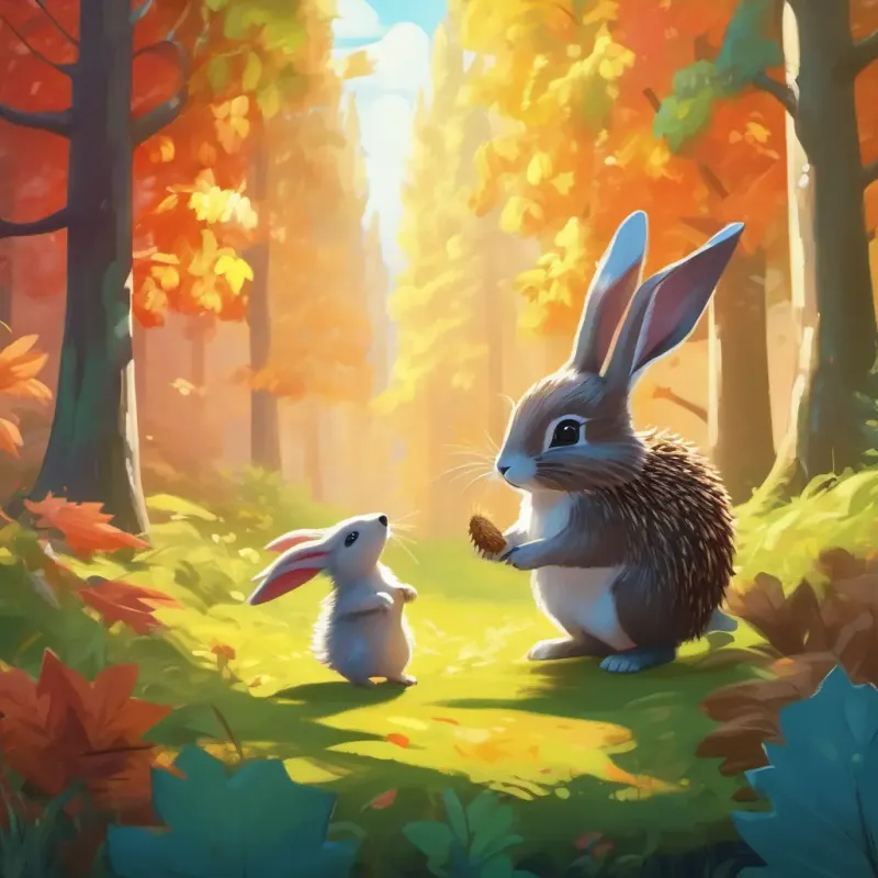 Bunny meets hedgehog in the sunny forest, lots of colorful trees.