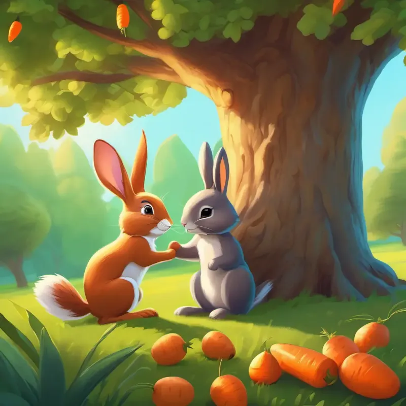 Bunny and squirrel play together, sharing yummy carrots under a big oak tree.