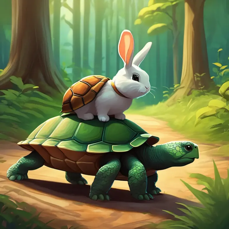 Bunny meets a slow but friendly turtle while strolling through the forest.