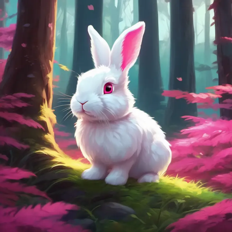 Fluffy white bunny with bright pink eyes becomes the friendliest bunny, everyone in the forest adores him.