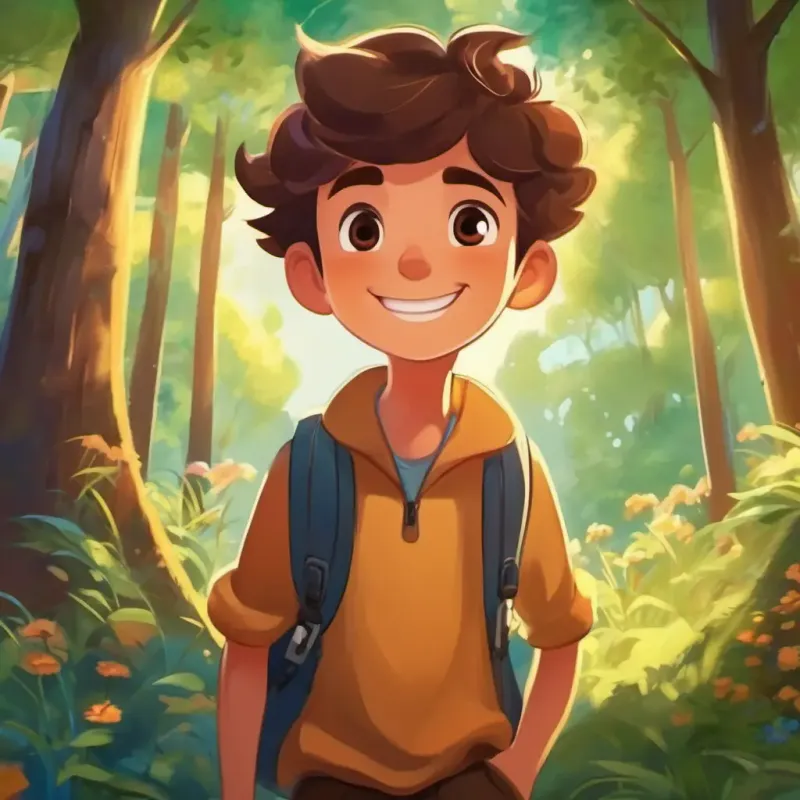Introduction to the enchanted forest and Energetic boy with brown eyes and a big smile's adventure, sunny and cheerful setting with Energetic boy with brown eyes and a big smile and his friends