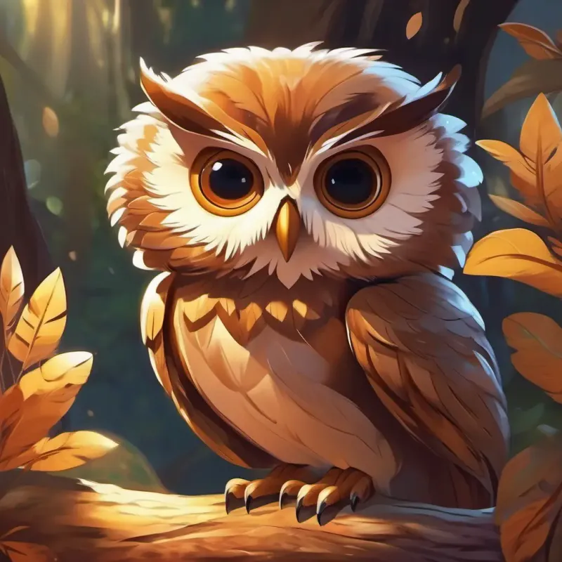 Meeting the Wise owl with big, round eyes and soft feathers, mysterious and wise character guiding Energetic boy with brown eyes and a big smile and friends