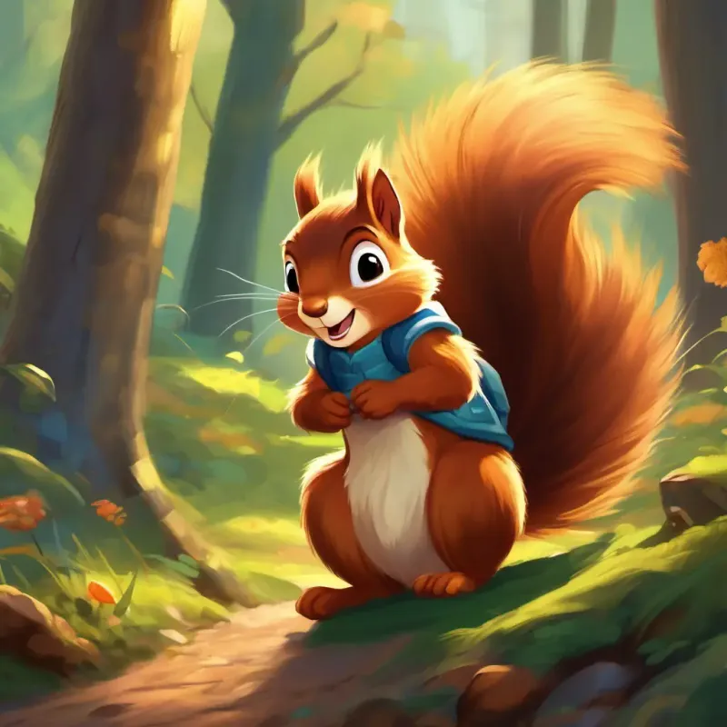 Encountering the Lively squirrel with a bushy tail and twinkling eyes, energetic and mischievous character aiding Energetic boy with brown eyes and a big smile and friends