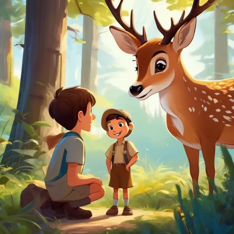 Meeting the Gentle deer with big, doe eyes and a caring nature, gentle and caring character teaching Energetic boy with brown eyes and a big smile and friends about nature conservation