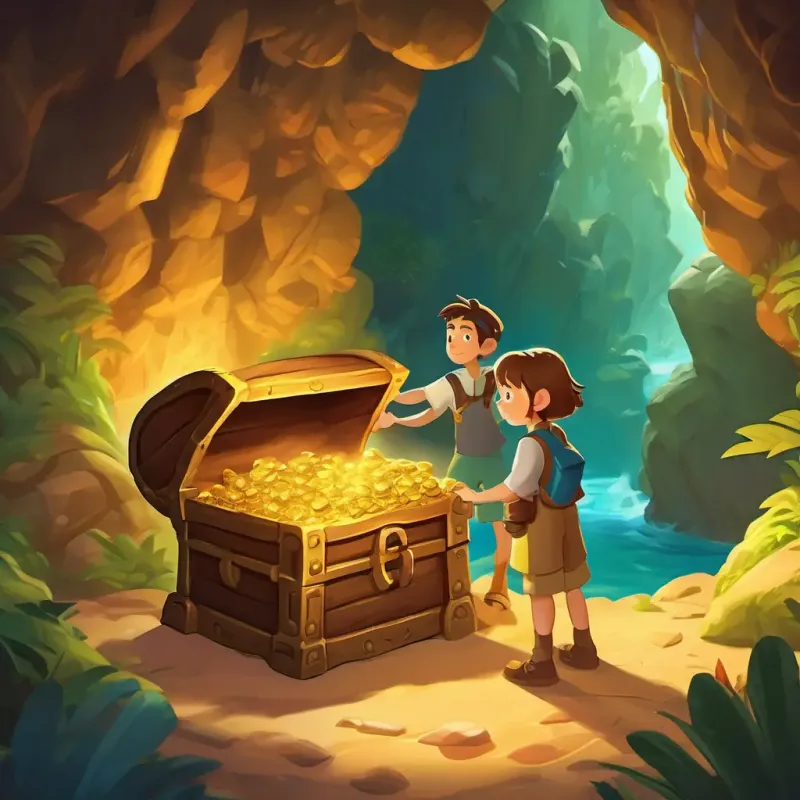 Finding the hidden cave and working together to open the treasure chest, a culmination of their journey and teamwork