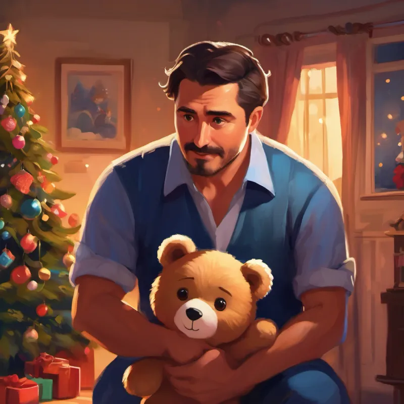 Kind face, brown eyes, dark hair tied back and dad entering Small girl, brown hair, blue eyes, holding a stuffed bear's room for bedtime.