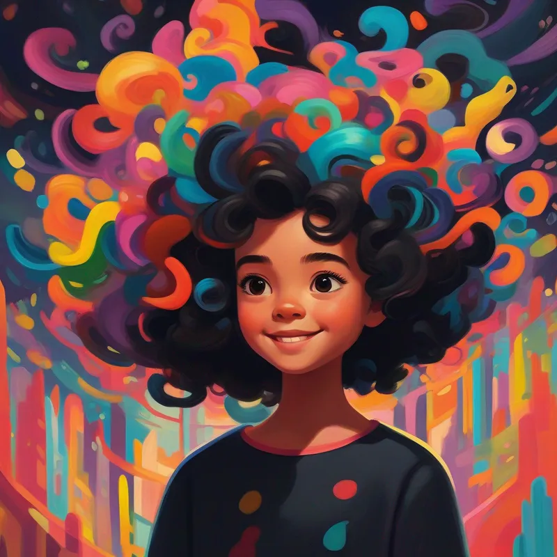 Uma menina preta com cabelos cacheados sorrindo, cores alegres