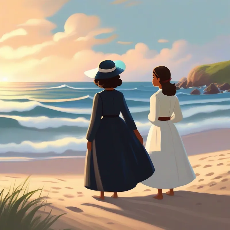 Duas meninas, uma preta e uma branca, conversando na praia