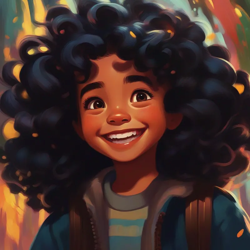 Menina preta com cabelos cacheados, sorridente e confiante falando com outras crianças ao seu redor, todos ouvindo atentamente