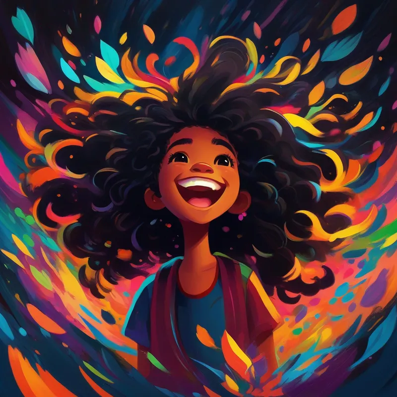 Menina preta com cabelos cacheados, sorridente e confiante sendo aplaudida por outras crianças, cores vibrantes