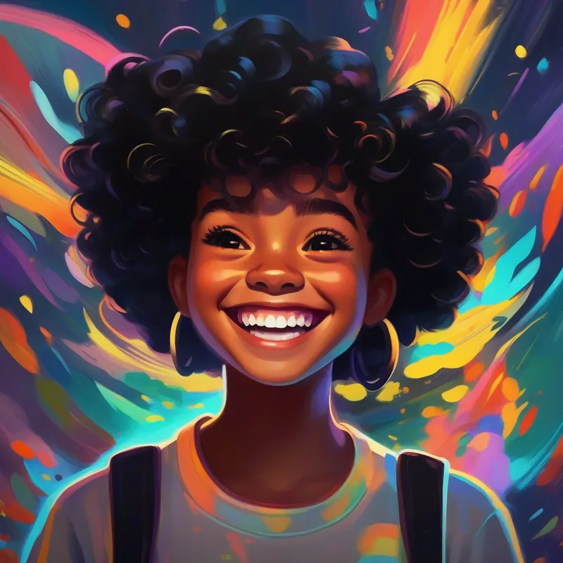 Menina preta com cabelos cacheados, sorridente e confiante ajudando outras crianças a se sentirem confiantes, cores brilhantes