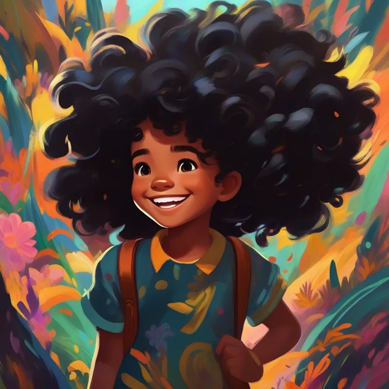 Menina preta com cabelos cacheados, sorridente e confiante brincando com crianças de diferentes cores de pele e tipos de cabelo