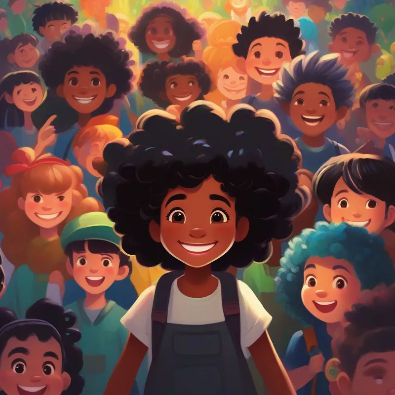 Menina preta com cabelos cacheados, sorridente e confiante e seus amigos sorrindo, cores alegres