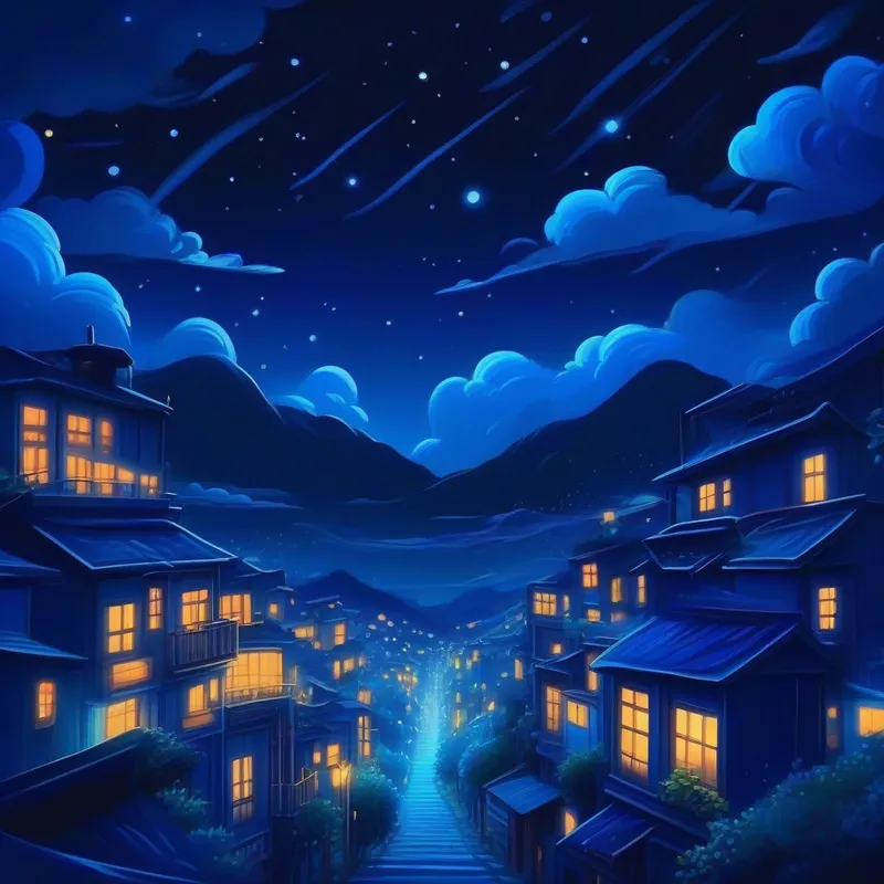 Intense blue lights illuminate the dark night sky.