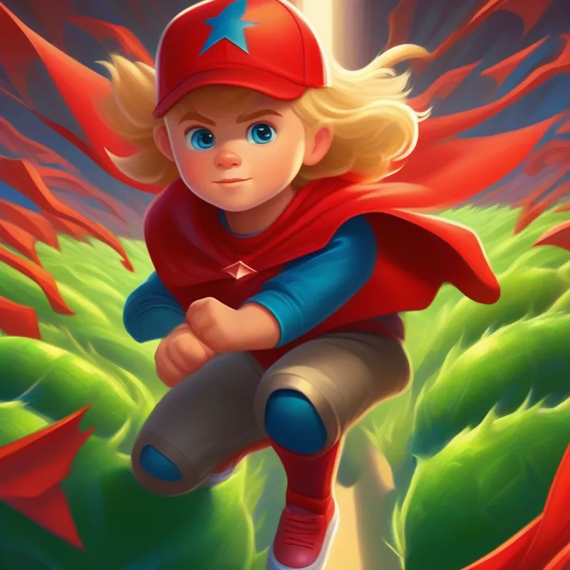 Brown hair, blue eyes, wearing a red superhero cape and Blonde hair, green eyes, wearing a blue baseball cap strategically place traps to defeat the aliens.