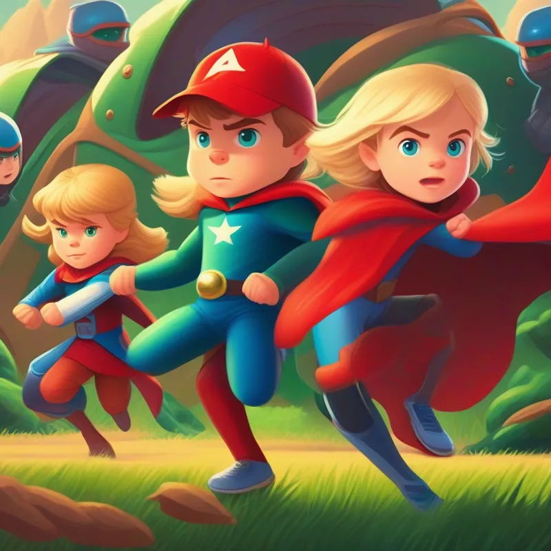 Brown hair, blue eyes, wearing a red superhero cape and Blonde hair, green eyes, wearing a blue baseball cap's neighbors join forces to fight the aliens.